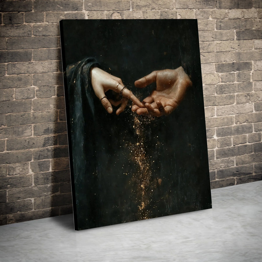 Touching Hands Canvas Print | Classical Art Style with Gold Dust | 1.25-Inch Gallery Wrap | Elegant Home and Office Wall Decor