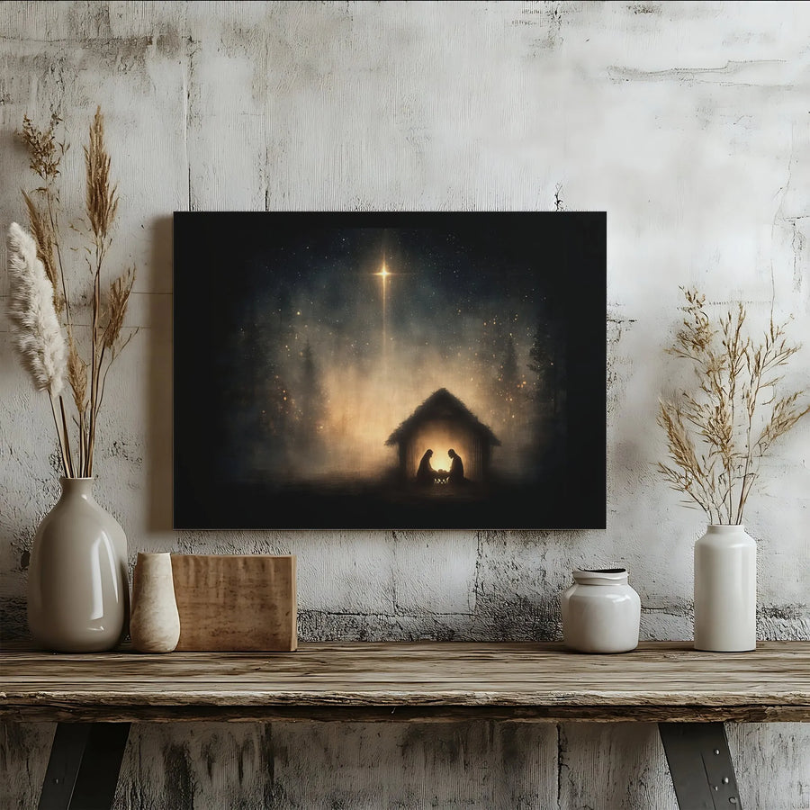 Nativity Scene Canvas Wall Art | Christmas Star of Bethlehem Silhouette | Premium Gallery Wrap Print | Religious Home Decor Gift for Christians