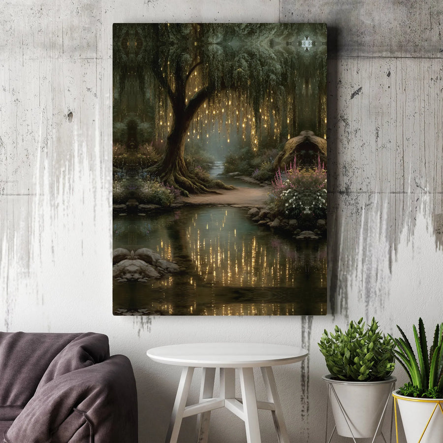 Enchanted Forest Canvas Wall Art | Fairy Light Weeping Willow Print | Gallery-Quality 1.25-Inch Profile | Magical Nature Home Decor Gift
