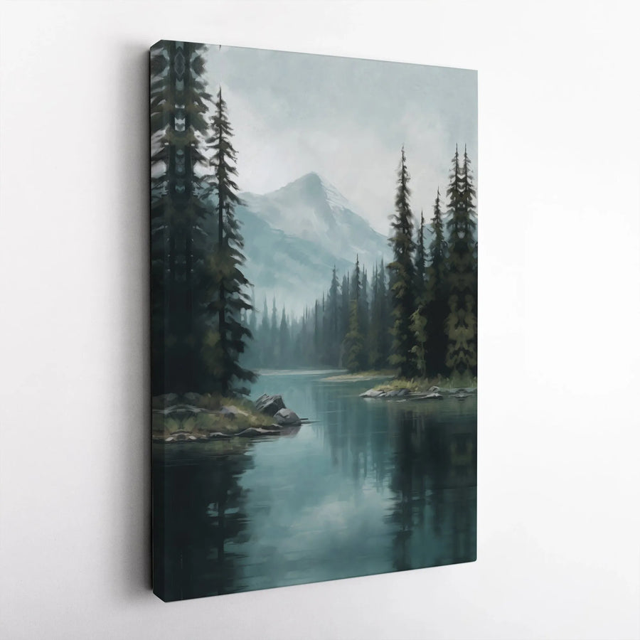 Misty Mountain Lake Canvas Wall Art | Serene Forest Landscape Painting | Premium Gallery Wrapped Canvas | Rustic Cabin Wall Decor Gift