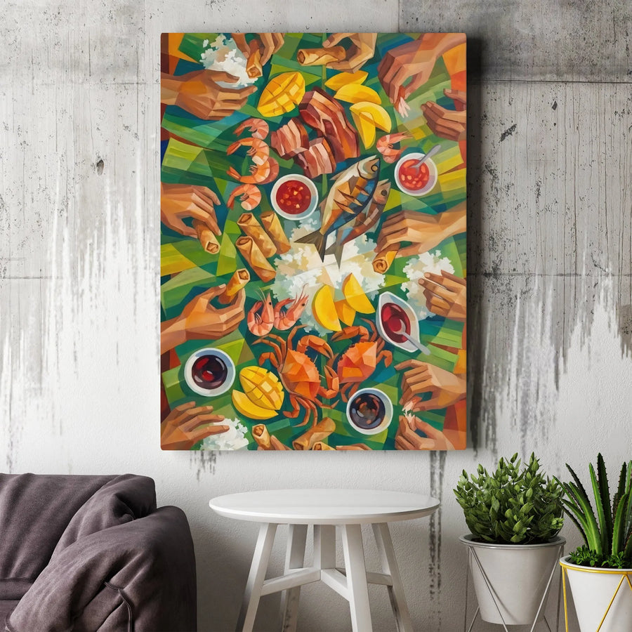 Filipino Boodle Fight Canvas Wall Art | Kamayan Feast Geometric Food Print | Premium Gallery Wrapped Decor | Kitchen Dining Room Gift