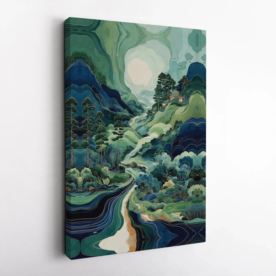 Japanese Mountain Landscape Canvas Art | Ukiyo-E Inspired River Temple Wall Decor | Premium 1.25 Inch Gallery Wrap | Serene Nature Home Gift