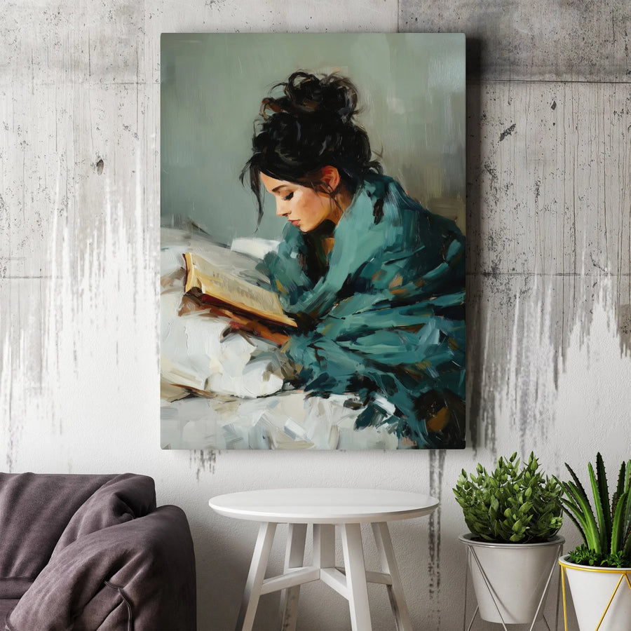 Woman Reading Canvas Wall Art | Impressionist Painting of Girl with Book | Premium Thick Profile Canvas | Gift for Book Lovers, Bedroom Decor
