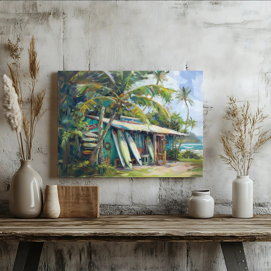 Tropical Surf Shack Canvas Print | Painterly Ocean Scene with Palm Trees | Premium Stretched Canvas | Coastal Home Decor Gift