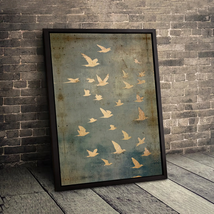 Golden Birds Wall Art | Flying Flock Distressed Canvas | Premium Gallery Wrapped Print | Modern Minimalist Home Decor Gift