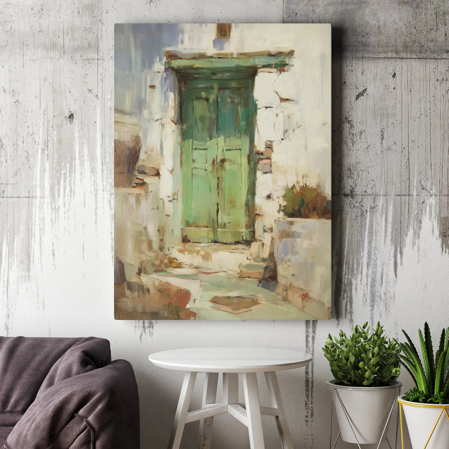 Rustic Green Door Canvas Wall Art | Impressionist Painting Print | Thick Gallery Wrapped Canvas | Farmhouse & Country Home Decor Gift
