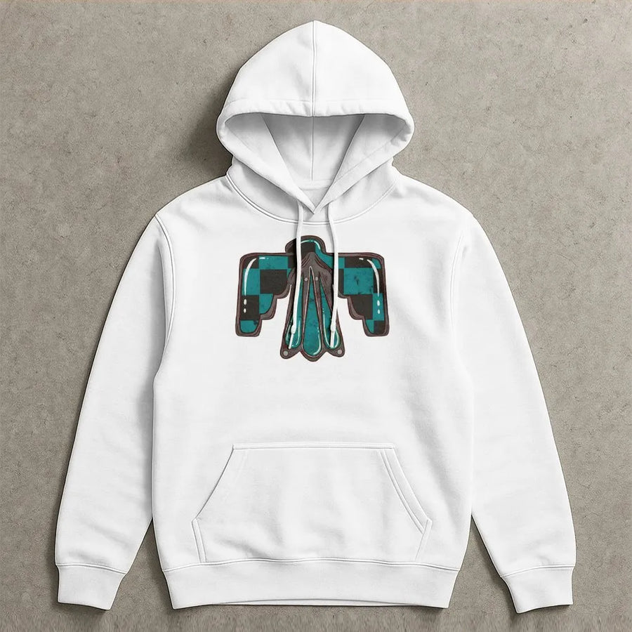 Checkered Thunderbird Hoodie | Western Turquoise Bird Graphic | Premium Cotton Blend | Gift For Cowgirl And Western Style Lovers