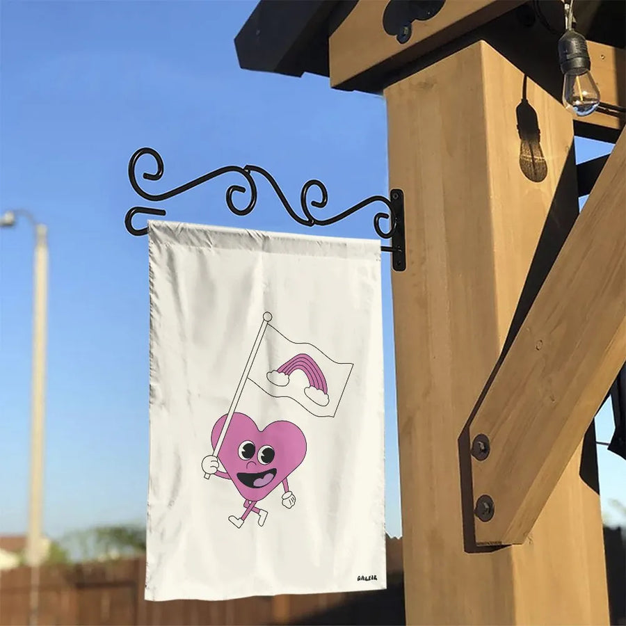 Love Wins Garden Flag | Retro Cartoon Heart with Rainbow | Weather-Resistant Double-Sided | LGBTQ+ Ally Yard Decor Gift