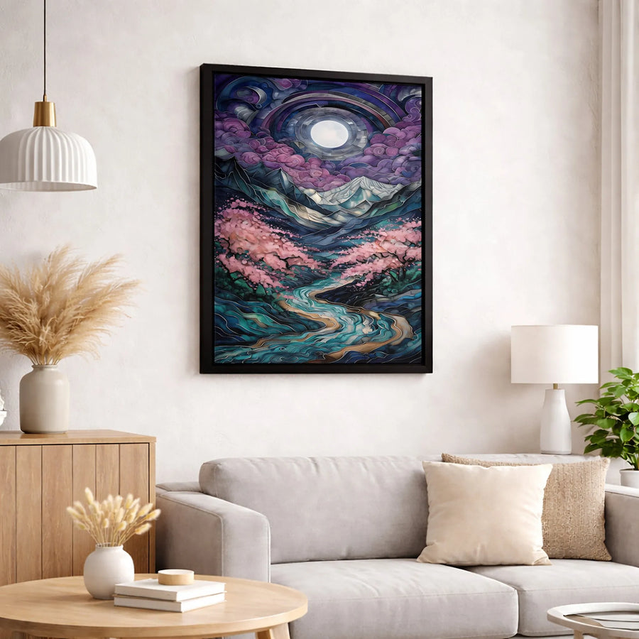 Moonlit Mountain Canvas Art | Stained Glass Style Cherry Blossom Landscape | Premium Fade-Resistant Print | Zen Home Office Wall Decor