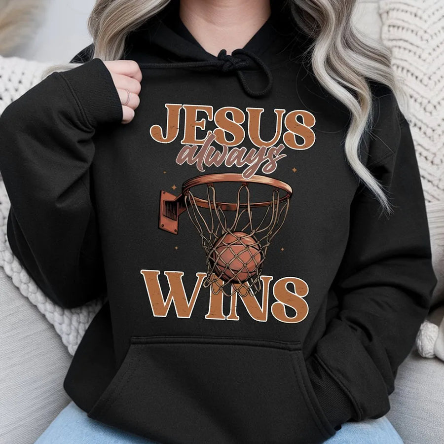Jesus Always Wins Basketball Hoodie | Christian Faith Graphic Sport Design | Premium Cotton Blend Sweatshirt | Religious Gift for Men Women Youth