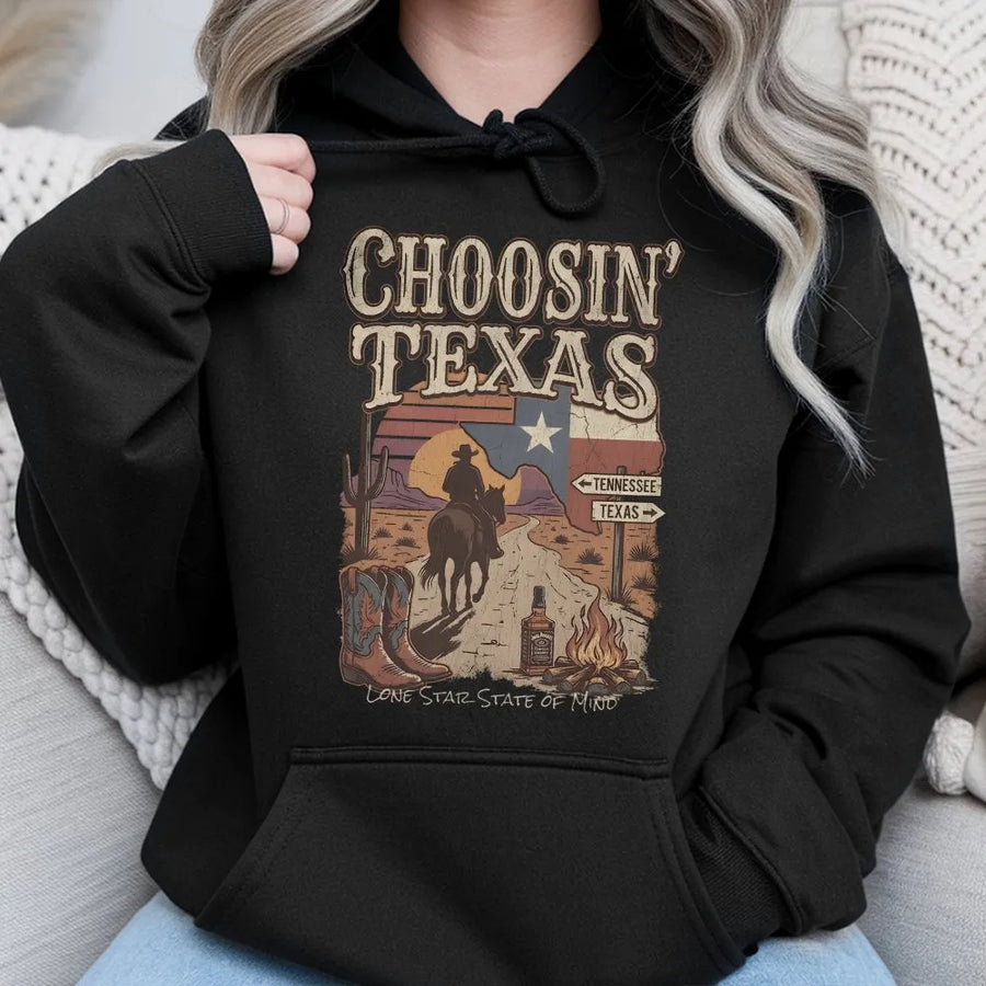 Texas Hoodie | Retro Western Graphic Pullover | Soft Cotton Blend Crewneck | Funny Lone Star State of Mind Gift for Texan