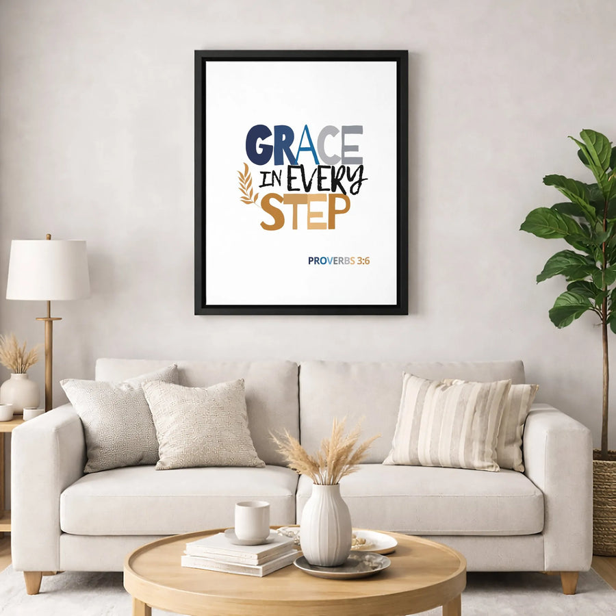 Grace In Every Step Wall Art | Proverbs 3:6 Scripture Print | Gallery Quality 1.25 Inch Canvas | Minimalist Christian Home Decor Gift
