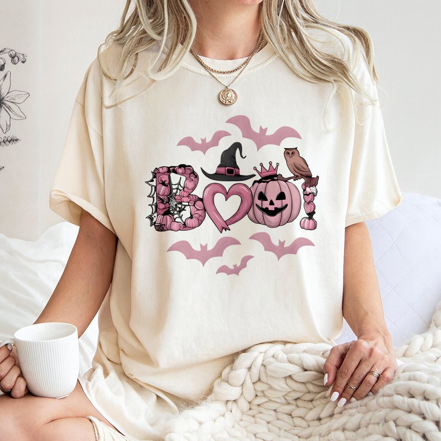 Boo Pink Halloween T-Shirt | Cute Pumpkin Owl Graphic Print | 100% Soft Cotton Tee | Spooky Aesthetic Fall Gift For Women