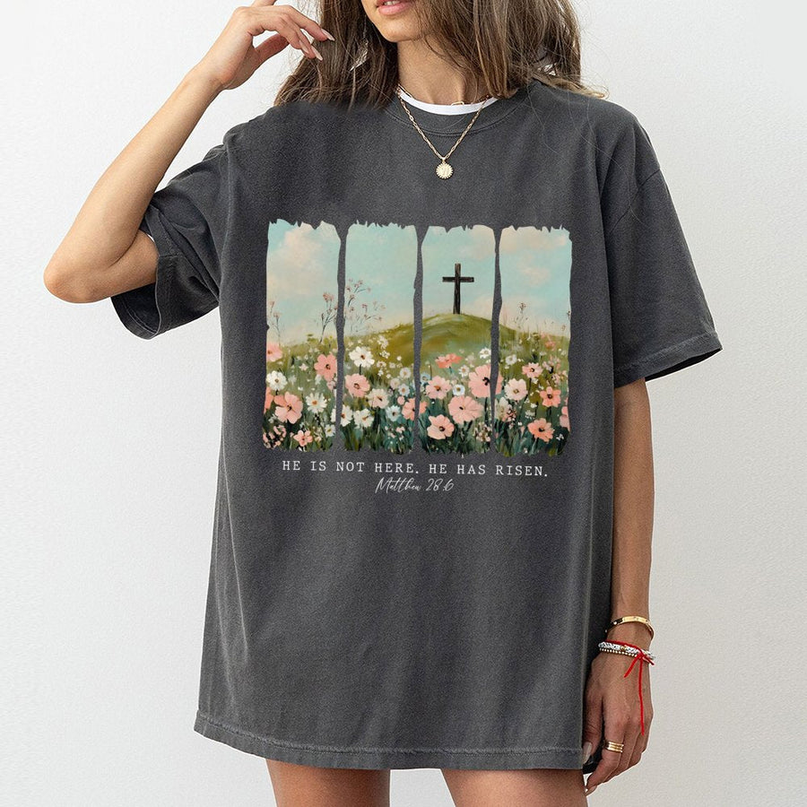 He Is Risen T-Shirt | Matthew 28:6 Floral Cross Graphic | Premium 100% Cotton Religious Apparel | Easter Christian Gift For Her Him