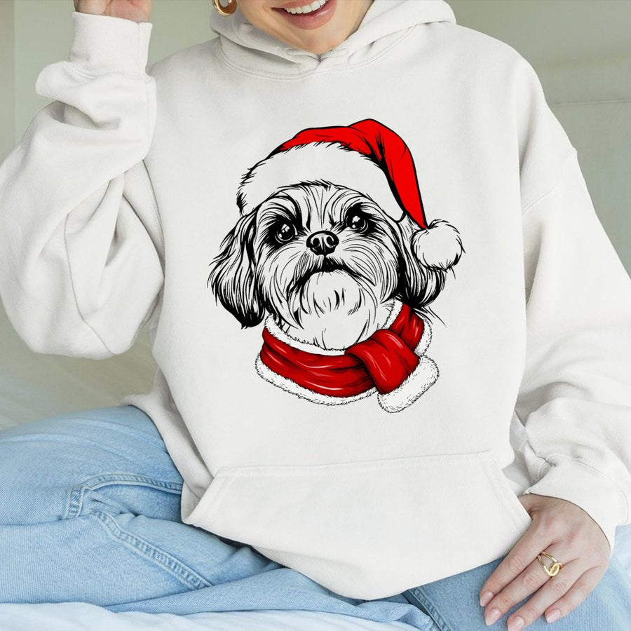 Shih Tzu Christmas Hoodie | Festive Santa Hat and Scarf Graphic | Premium Cotton Blend | Holiday Gift for Dog Lovers