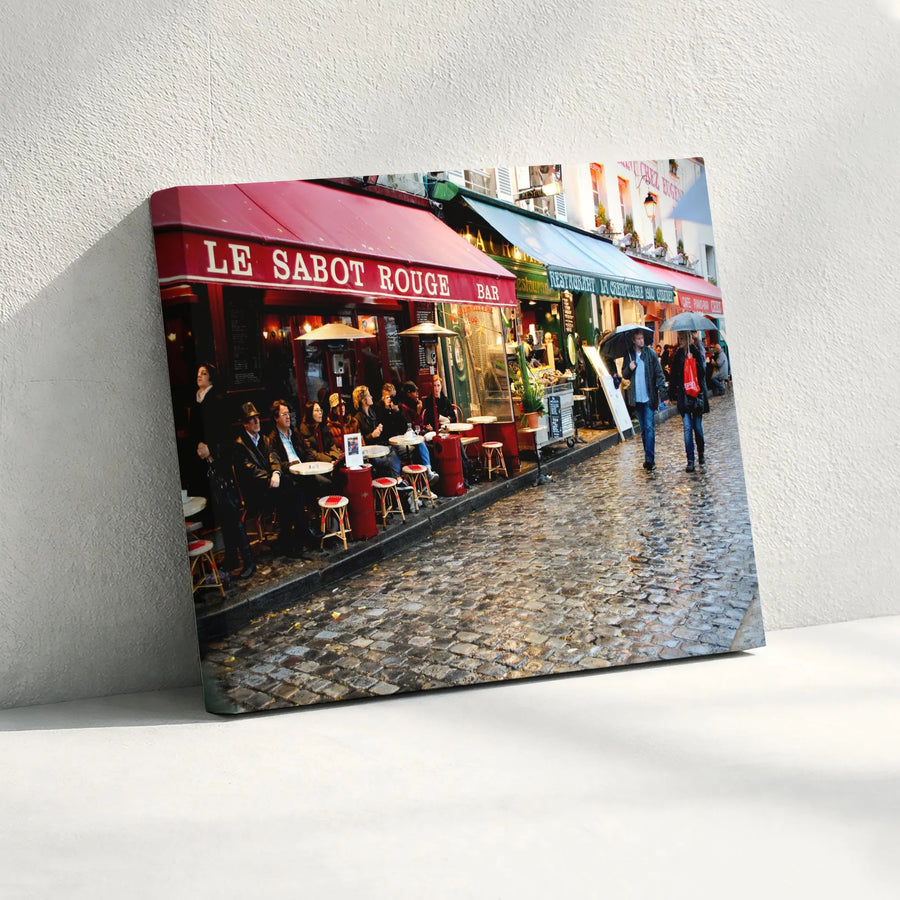 Paris Street Cafe Canvas Art | Rainy Cobblestone French Bistro Scene | Premium Gallery Wrap Print | Romantic European Home Decor Gift