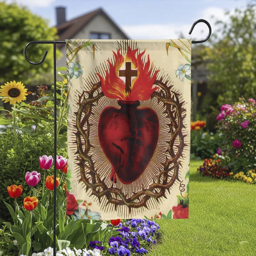 Sacred Heart of Jesus Garden Flag | Vintage Religious Art with Crown of Thorns | Weather-Resistant Polyester | Catholic Home & Yard Decor Gift
