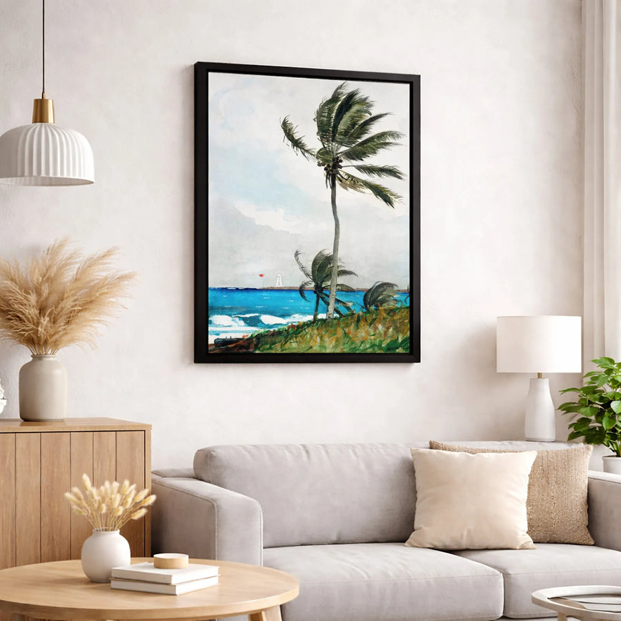 Beach Landscape Canvas Wall Art | Watercolor Palm Trees & Lighthouse Scene | Premium 1.25-Inch Gallery Wrap | Coastal Decor Gift for Home & Office