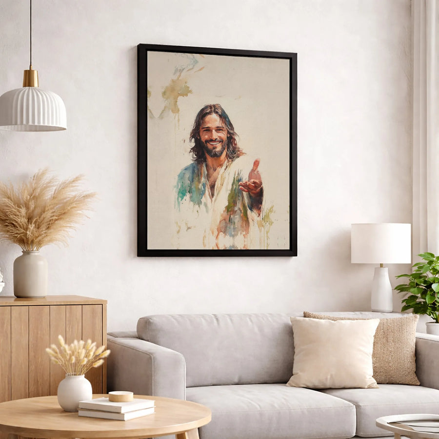 Smiling Jesus Wall Art | Watercolor Portrait Reaching Out | Premium Gallery Canvas | Religious Home Decor Gift