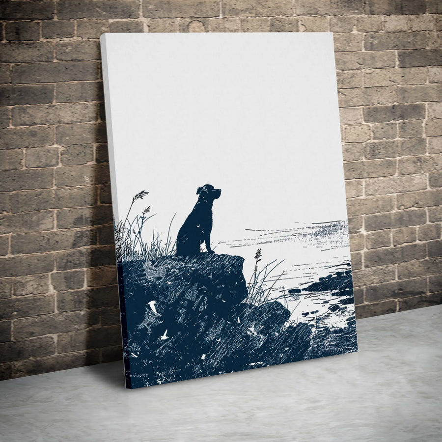 Dog Silhouette Wall Art | Coastal Labrador On Rocky Shore Print | Premium Gallery-Wrapped Canvas | Minimalist Home Decor Gift For Dog Lovers