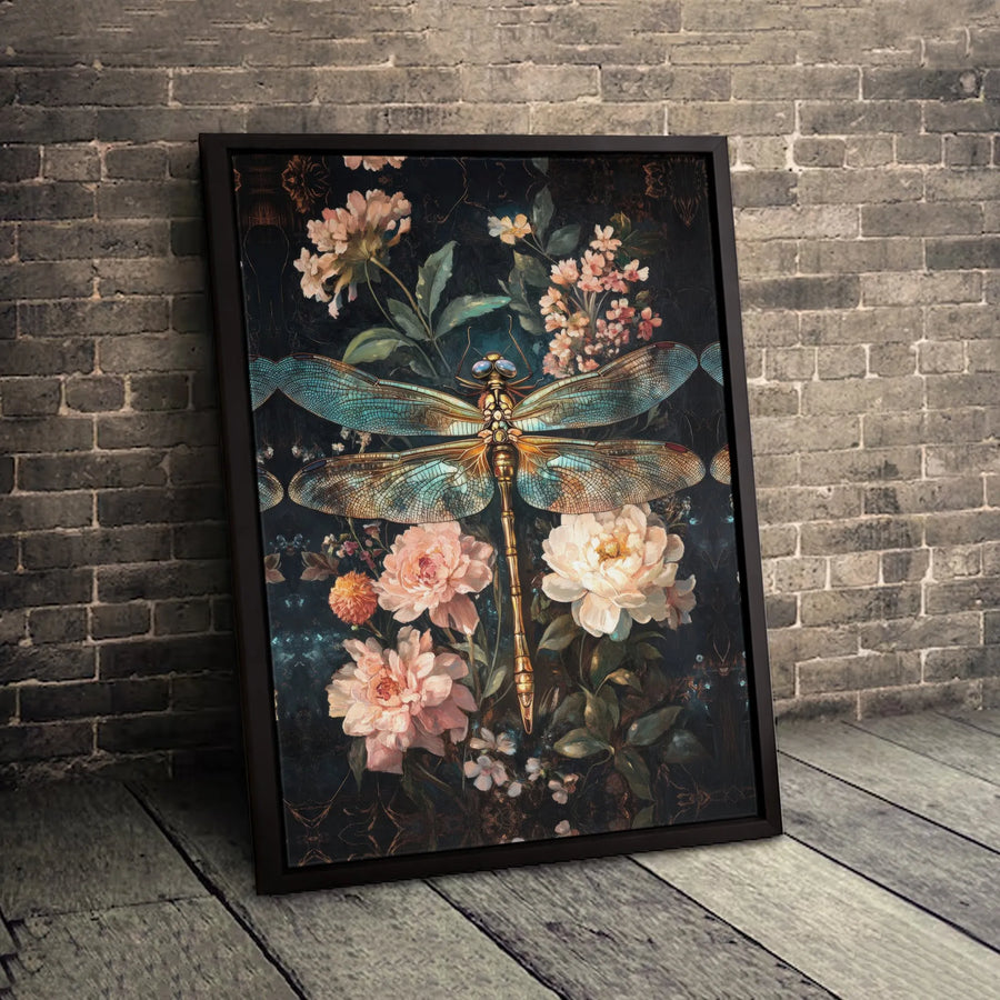 Dragonfly Canvas Wall Art | Vintage Floral Peonies Botanical Print | Premium Gallery-Wrapped Gallery Quality | Moody Nature Decor for Living Room
