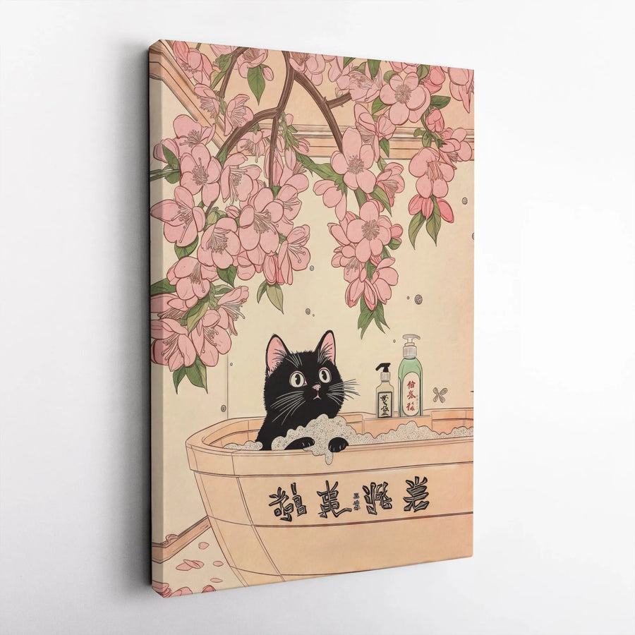 Black Cat Wall Art | Japanese Ukiyo-e Style with Cherry Blossoms | Gallery-Quality 1.25” Canvas | Whimsical Home Decor Gift for Cat Lovers