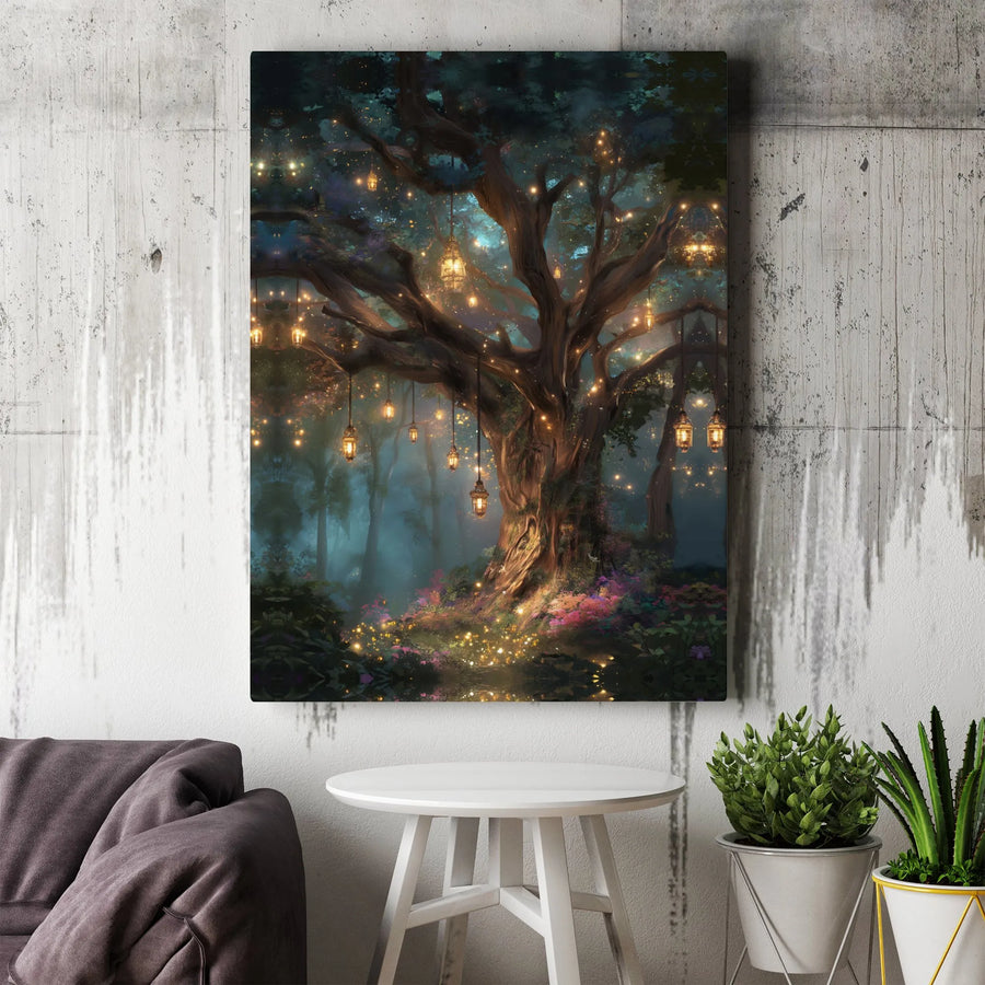 Enchanted Forest Canvas Wall Art | Magical Tree with Hanging Lanterns | Premium Gallery Quality Canvas | Fantasy Home Decor Gift