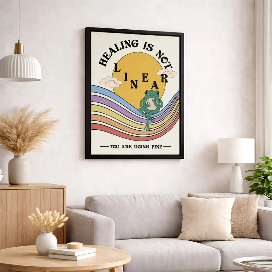 Healing Is Not Linear Wall Art | Retro Frog Rainbow Canvas Print | Gallery Quality 1.25 Inch Wrap | Mental Health Aesthetic Decor Gift