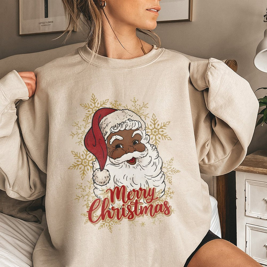 Black Santa Christmas Sweatshirt | African American Santa Claus Graphic | Premium Cotton Blend Cozy Holiday Apparel | Festive Winter Gift for Family