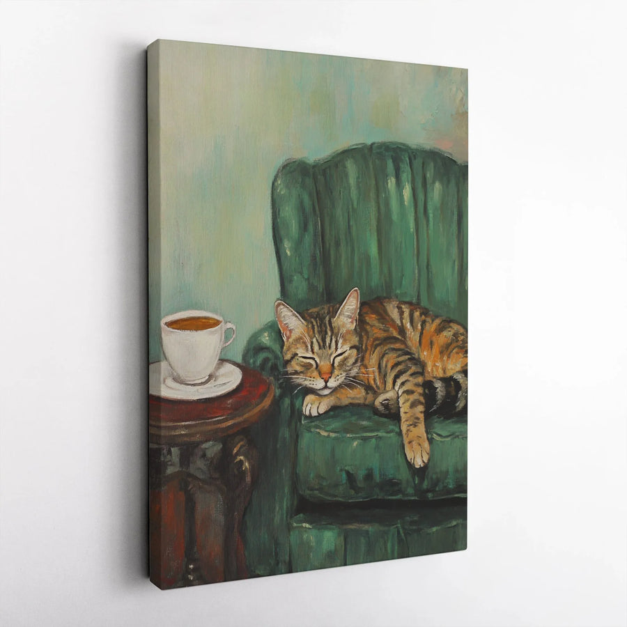 Sleeping Tabby Cat Wall Art | Cozy Green Armchair Oil Painting Style | Premium Gallery Wrap Canvas | Whimsical Home Decor Gift for Cat Lovers