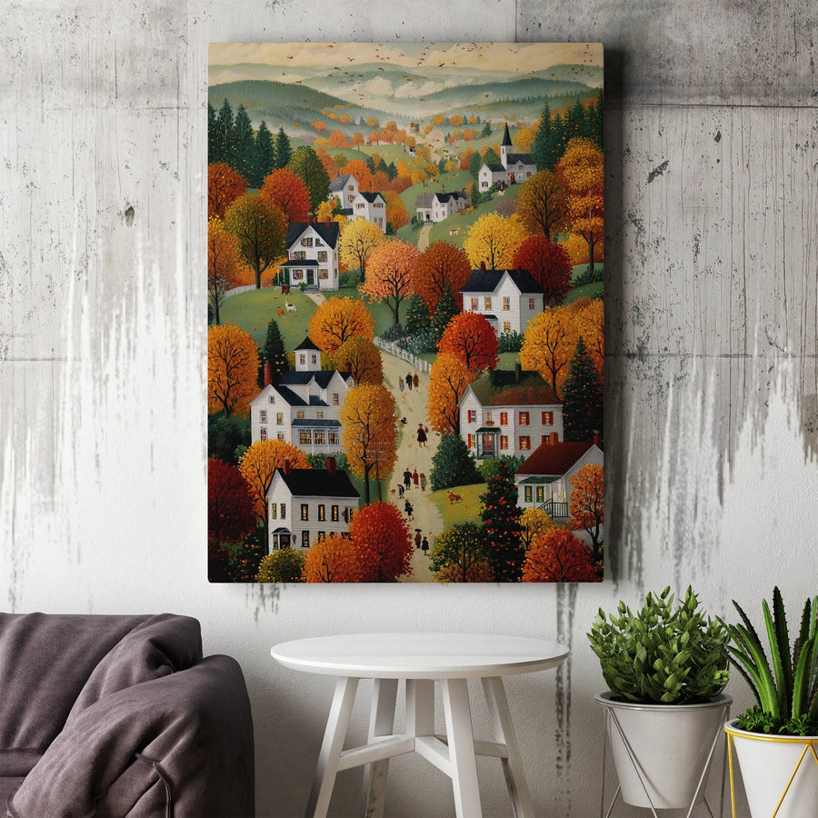 Folk Art Autumn Village Canvas Print | Colorful New England Landscape | 1.25-Inch Premium Gallery Profile | Seasonal Fall Wall Art Gift