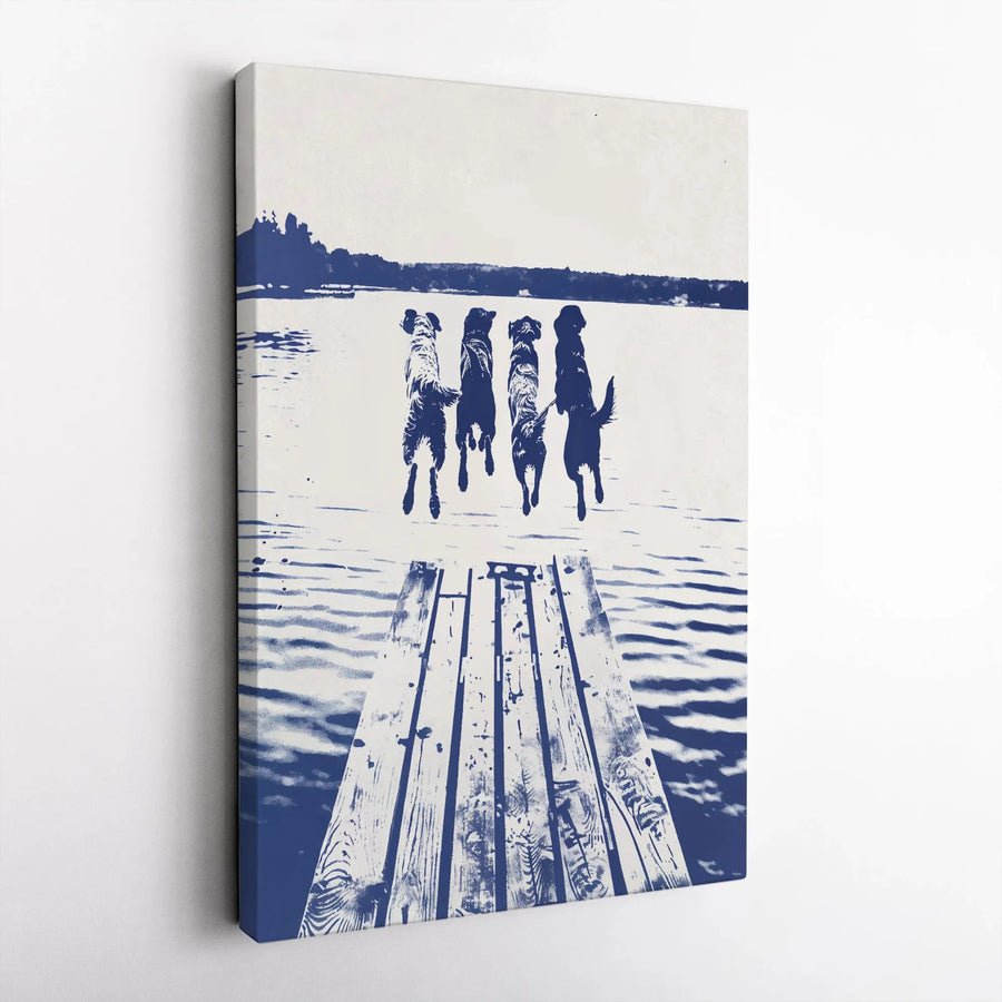 Dogs Jumping Off Dock Canvas Wall Art | Blue and White Coastal Dog Print | Premium 1.25 Inch Gallery Wrap | Gift for Dog Lovers