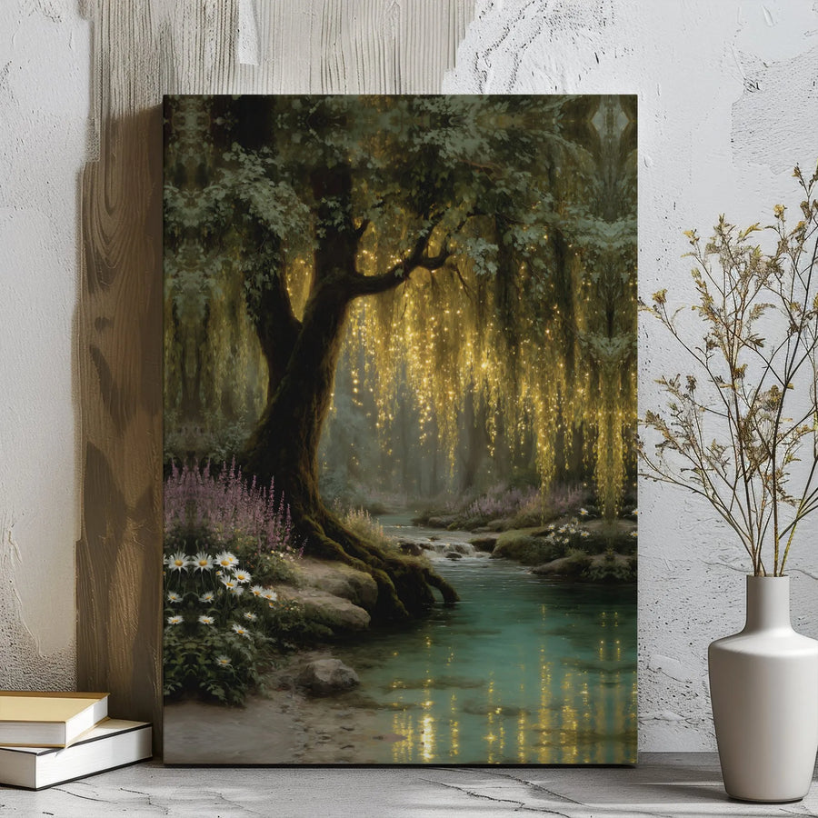 Enchanted Willow Tree Canvas Wall Art | Golden Fairy Lights River Scene | Premium Gallery Wrap Decor | Magical Nature Landscape Gift