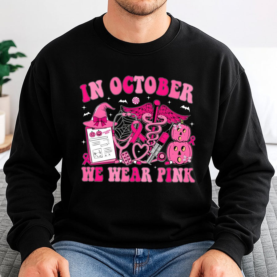 In October We Wear Pink Sweatshirt | Halloween Breast Cancer Awareness Nurse Gift | Cotton-Poly Blend Crewneck | For Nurses and Supporters