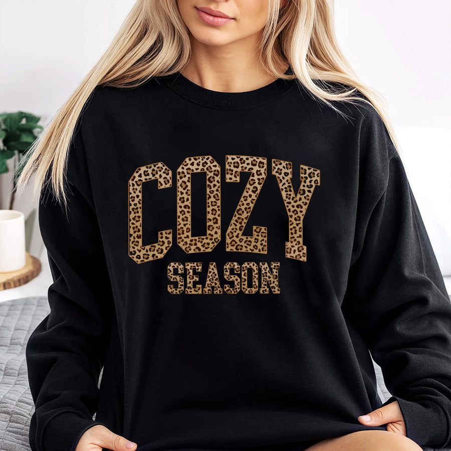 Cozy Season Sweatshirt | Leopard Print Varsity Letter Graphic | Premium Cotton Blend | Fall Aesthetic Gift for Women