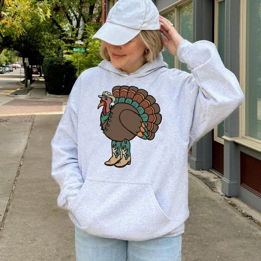 Cowboy Turkey Hoodie | Funny Western Thanksgiving Graphic | Premium Cotton Blend | Unisex Holiday Gift for Men and Women