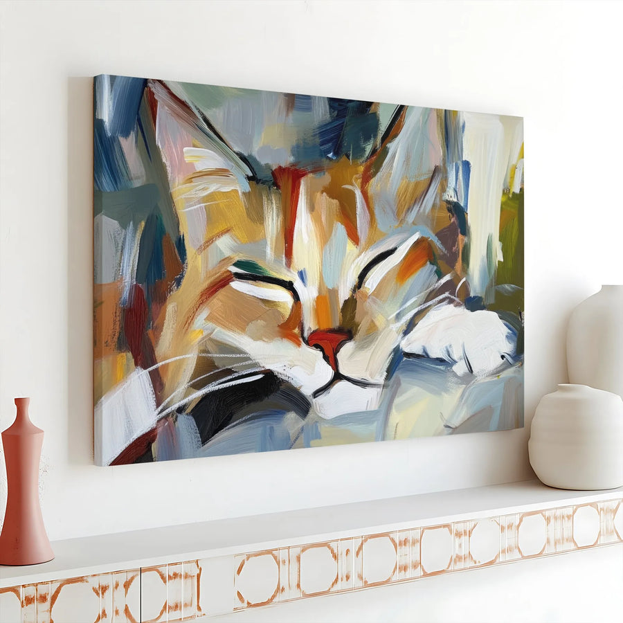 Abstract Sleeping Cat Canvas Wall Art | Colorful Expressionist Pet Portrait | 1.25 Inch Gallery Wrap | Modern Home Decor Gift