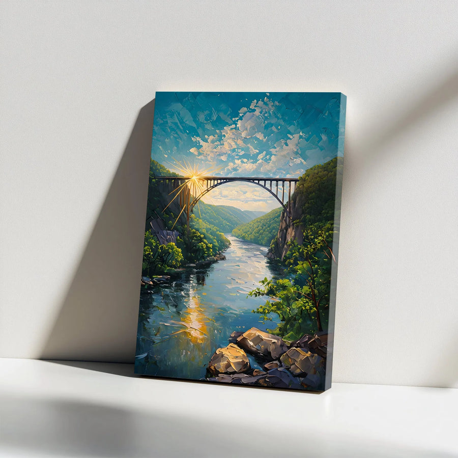 New River Gorge Bridge Canvas Print | Sunrise Landscape Oil Painting Style | 1.25-Inch Gallery Wrap | West Virginia Nature Wall Art Decor Gift