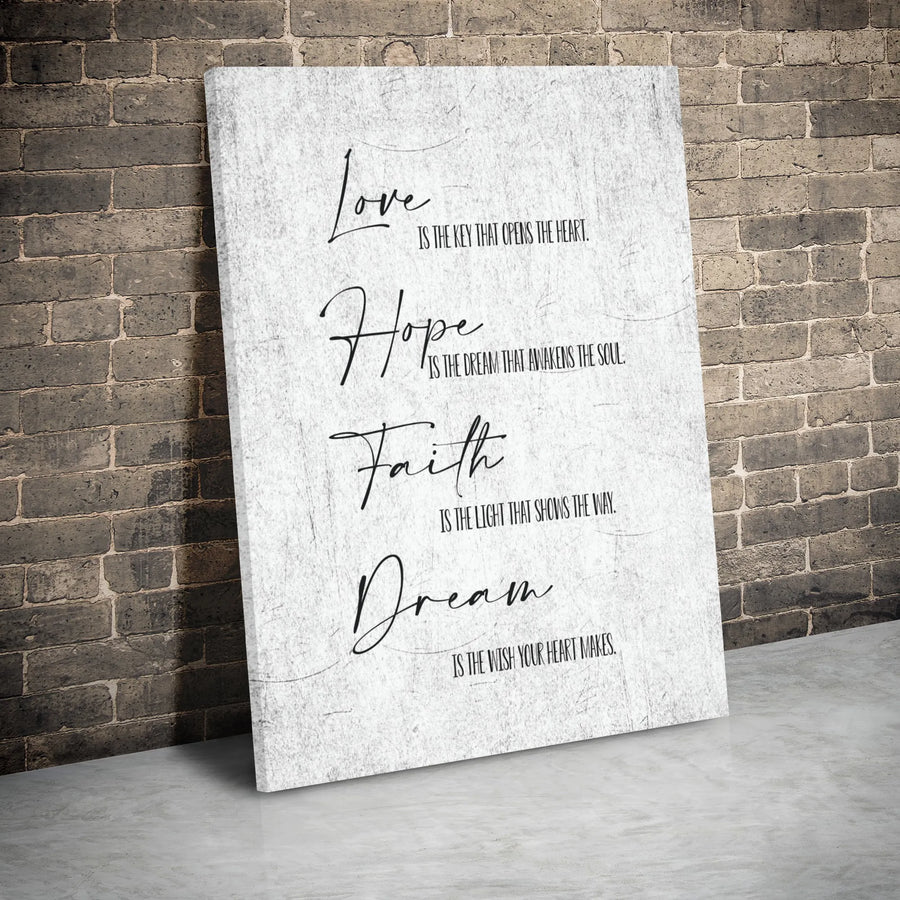Love Hope Faith Dream Wall Art | Inspirational Quote Canvas | Premium Gallery-Wrapped Print | Minimalist Motivational Home Office Decor Gift