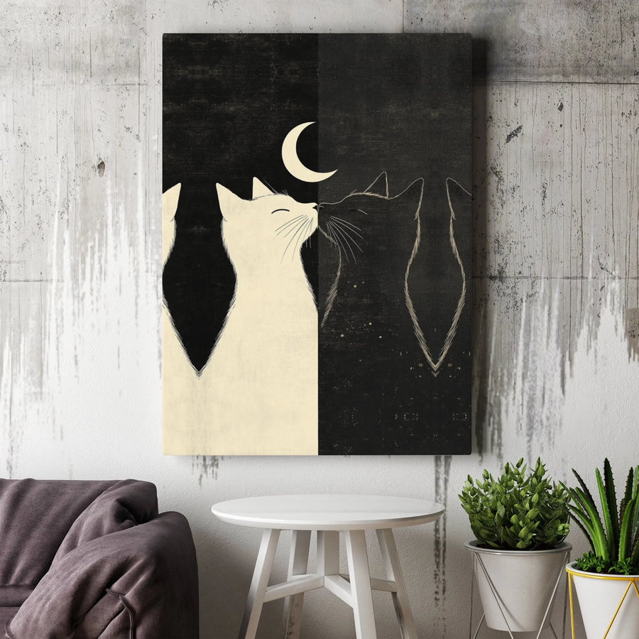 Black and White Cats Canvas Wall Art | Yin Yang Kissing Cats Moon Art | Premium Thick Gallery Canvas | Collector's Gift for Cat Lovers