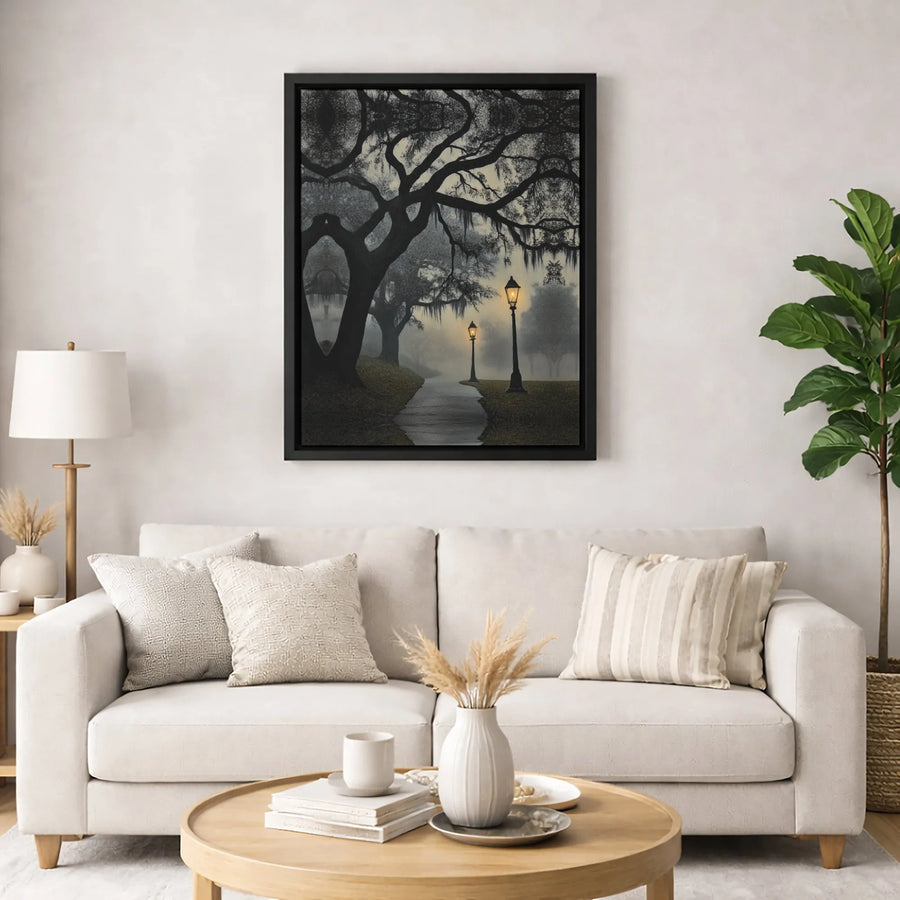 Misty Forest Path Canvas Wall Art | Moody Oak Trees with Spanish Moss | Premium Fade-Resistant Gallery Wrap | Gothic Home Decor Gift