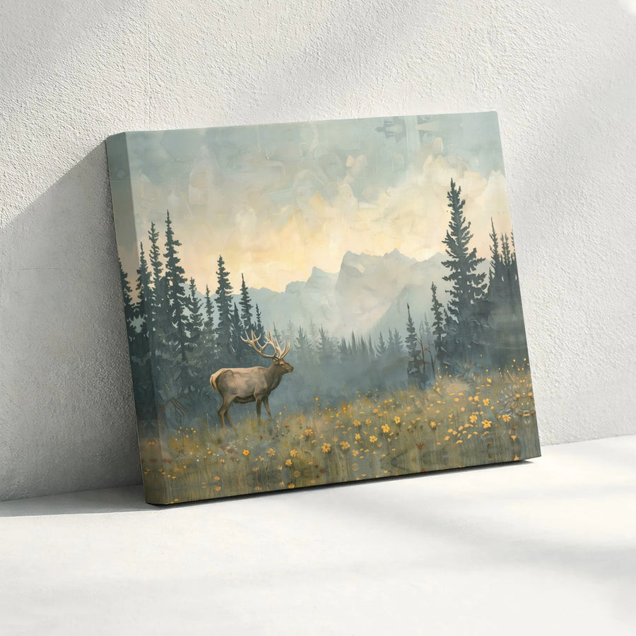 Vintage Elk Canvas Wall Art | Misty Pine Tree Landscape Painting | Premium Gallery Wrapped Art | Rustic Cabin & Lodge Decor Gift
