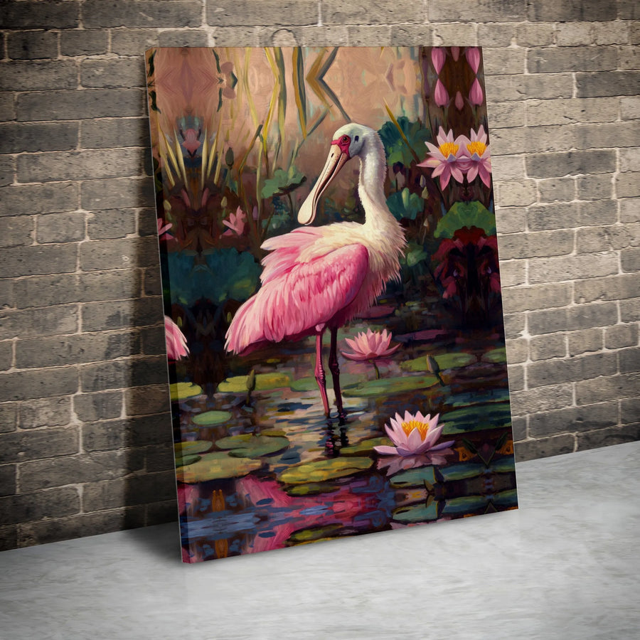 Pink Spoonbill Bird Painting Canvas | Impressionist Style Water Lily Art | Premium Thick Gallery Wrap | Florida Wildlife Decor Gift for Bird Watcher
