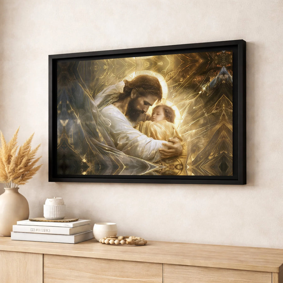 Jesus Holding Baby Canvas Art | Golden Light Religious Wall Decor | Premium Fade-Resistant Print | Spiritual Gift for Nursery or Home