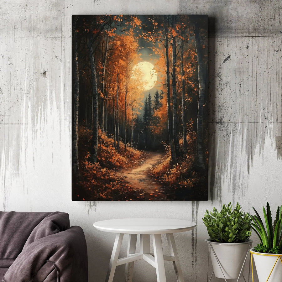 Autumn Forest Path Canvas Print | Full Moon Birch Tree Landscape | Premium 1.25-Inch Gallery Wrap | Seasonal Nature Wall Decor Gift
