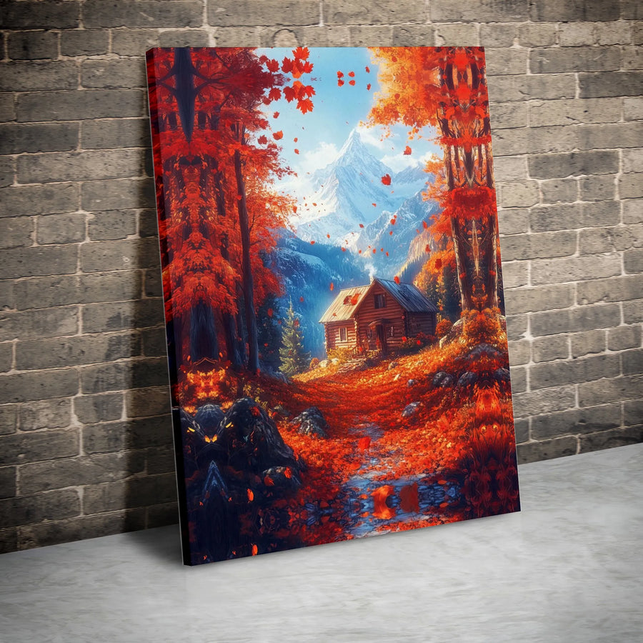 Autumn Cabin Wall Art | Red Forest Landscape with Mountain View | Premium Gallery Wrap Canvas | Rustic Fall Home Decor Gift