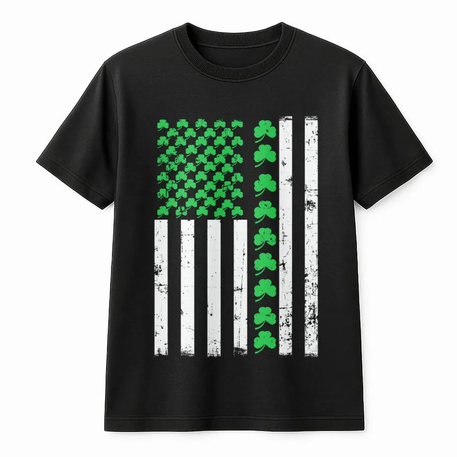 St. Patrick's Day American Flag T-Shirt | Shamrock Distressed Graphic Tee | 100% Cotton Premium Quality | Irish American Gift for Men and Women