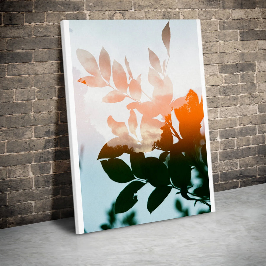 Abstract Botanical Vertical Canvas | Modern Leaf Silhouette Double Exposure Art | Premium Gallery Wrapped Print | Living Room & Office Wall Decor Gift