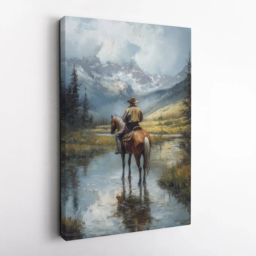 Cowboy On Horseback Wall Art | Western Mountain Landscape Print | Premium 1.25" Gallery Canvas | Rustic Home Decor For Living Room