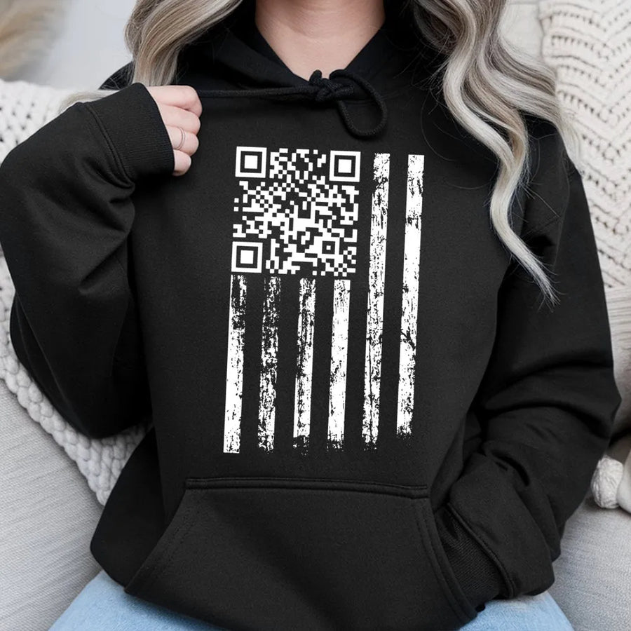 American Flag QR Code Hoodie | Distressed Patriotic USA Graphic | Premium Cotton Blend | Funny Gift for Him and Her